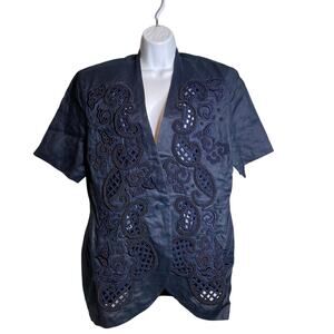 Vintage Orlando Rossi Women's Navy Embroidered Beaded‎ Blouse Size 18 Dressy